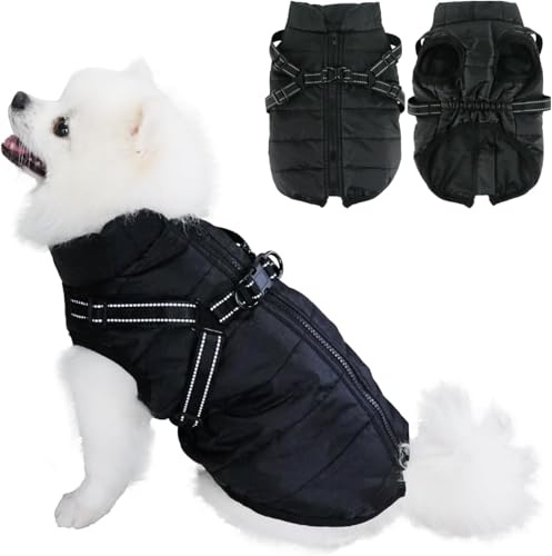 Eastlion Cappotto Giacca Invernale per Cani Taglia Piccola,Calda Cane Gatto Giubbotto Cuccioli Vestiti Piumino Felpa con Imbracatura,Nero,XL