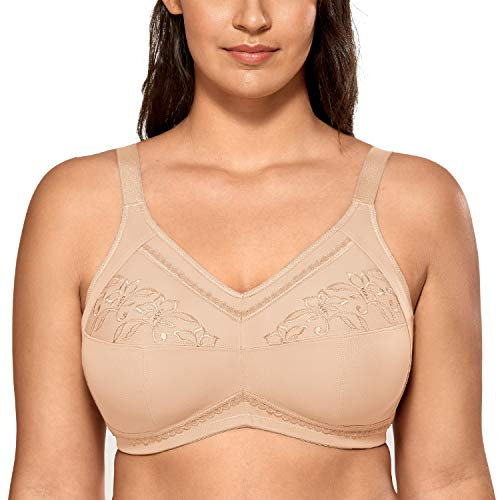 Delimira Women's Wireless Bras Cotton Mastectomy Bras with Pockets Post Surgery Full Cup Comfort Plus Size Everyday Bra Beige 38E
