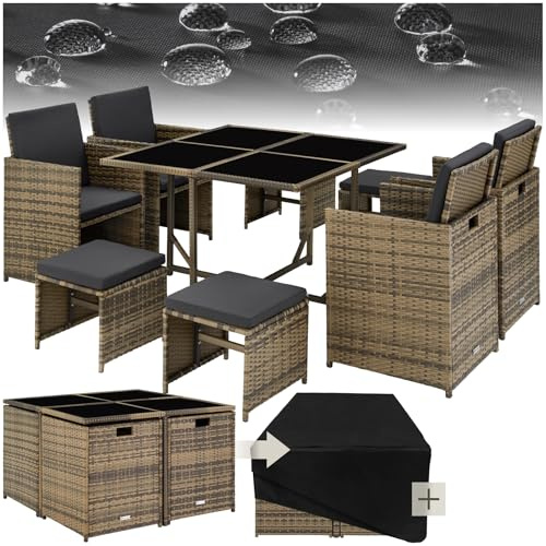 tectake® Salon de Jardin Extérieur en Poly Rotin - Table, 4 Chaises Confortables, 4 Tabourets, Housse de Protection - Mobilier pour Aménagement Balcon Terrasse - Marron Naturel