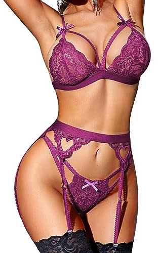RSLOVE Women Lace Garter Lingerie Set Teddy Strap Babydoll Strappy Bra and Panty Set Violet Small