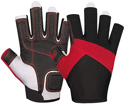 ChinFun Sailing Gloves Fingerless Grip Padded Palm for Kayaking, Fishing, Paddling, Canoeing, Rowing - Boaters Workout Accessories for Men, Women, Youth, Kids - Red M