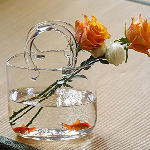 Vaso Forma di Borsa in Vetro per Fiori, Borsa vasi di Vetro per Decorazione Creativa Borse in Vetro Trasparente Forma di Vaso con Bolla e Maniglie, Vaso in Vetro Trasparente Multifunzionale