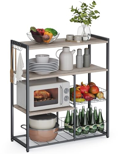 VASAGLE Scaffale per Microonde con 2 Cesti in Rete Metallica, Scaffale da Cucina con Piano d’Appoggio, Ripiani e Ganci, 35 x 80 x 95 cm, Greige e Nero KKS096B02