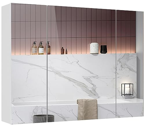 Medicine Cabinets Bathroom Mirror Cabinet with 3 Door 31.5x23.6 Inch Bathroom Wall Cabinet with Mirror Wall Mirror Storage Shelf with 3-Adjustable Shelves Storage Organizer Kitchen Cupboard,White