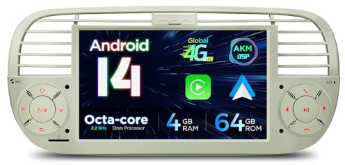 XTRONS 7 Inch Android 14 Fiat 500 Apple CarPlay Touch Screen 4GB+64GB Cream | Octa Core Stereo Head Unit Upgrade with 4G AKM DSP Android Auto GPS Navigation Bluetooth 5.0 New UI Mode Optional DAB+/AHD