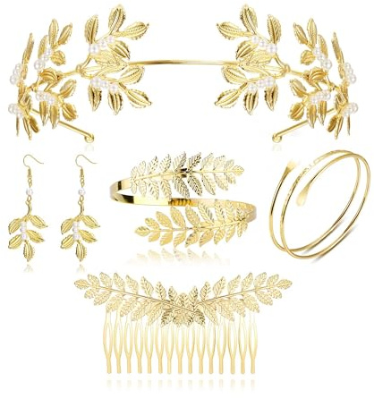 YADOCA 6Pcs Greek Goddess Costume Accessories Set for Women Gold Arm Cuff Bracelet Leaf Headband Crown Greek Hair Comb Leaf Hair Clip Decorations Bridal Wedding Jewelry