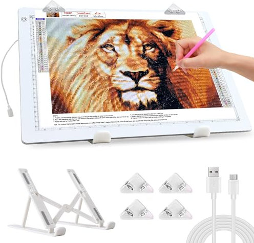 elice Leuchttisch A3,4800 Lux sehr hell 5mm Ultra dünn Light Pad für 5D Diamond Painting Zubehör,Dimmbarer Leuchtplatte mit Faltbar Ständer/clips,lichtpad a3 für Designen,Zeichnen Skizzieren(Weiß)