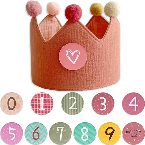 Geburtstagskrone Musselin, Krone Geburtstag Jungen Mädchen | Kinder Partyhüte,Party Deko für den Kindergeburtstag | Krone aus Button Zahlen von 0-9