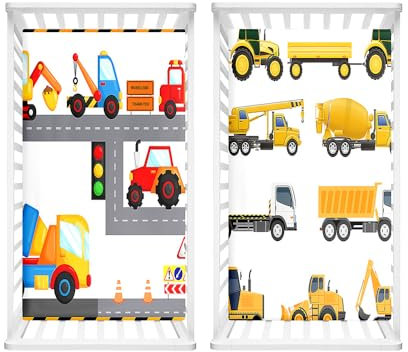 Hiseng 2 Stück Baby Spannbettlaken Bettlaken für Eckige & Oval Matratzen, Weiche Mikrofaser Spannbettlaken Kinderwagen Matratzenschoner für Beistellbett & Kinderwagen (Technisches Fahrzeug,70x140cm)