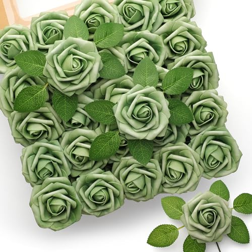 Mocoosy 50Pcs Rose Artificial Flowers, Sage Green Fake Roses for Decorations, Real Touch Foam Roses Bulk with Stems DIY Wedding Bouquets Elf Green Floral Arrangements Bridal Shower Party Home Decor