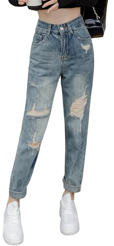 MGizo DtiSpectrum Jeans Rotos para Mujer - Jeans Holgados, de Tiro Alto, Pierna Recta y Rotos, Jeans Desgastados con Dobladillo Enrollado
