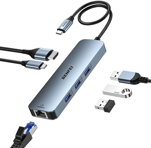 BENFEI 6in1 USB C HUB mit HDMI 4K@60Hz/ Gigabit Ethernet/100W PD Stromversorgung/3*USB A 5Gbps [Silikonkabel Aluminiumgehäuse] kompatibel mit iPhone 15 Pro/Max MacBook iPad Pro iMac S23 XPS17