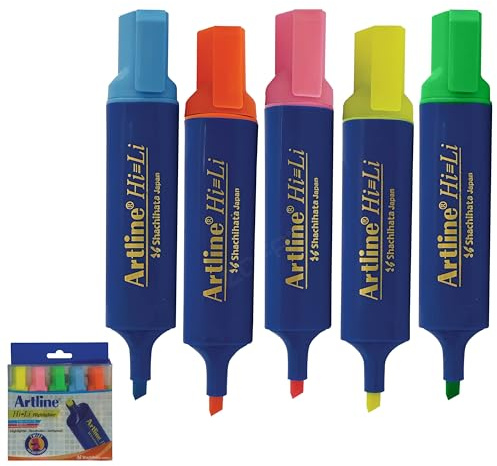 artline HiLine Highlighter Pens, ASSORTED, Pack of 5, Chisel Tip (1-5.0mm), Quick Dry, Ergonomic Shape, School Office Home Fluorescent Highlighter Markers