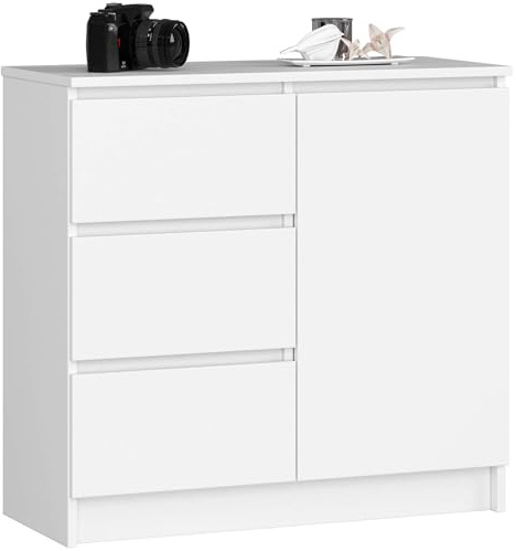 AKORD | Cassettiera K-80 JERRY con 3 Cassetti | Armadio Cameretta con 2 Ripiani e 1 Anta | Moderna Mobiletto per Soggiorno | Moderno | 80x77x35 cm | Bianco + Frontale Bianco