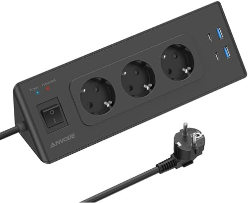 Presa angolare con USB e 2 Type-C, 3 prese angolari con interruttore, presa multipla, protezione da sovraccarico per cucina, cavo da 2 m, colore nero