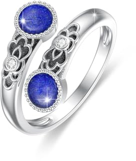 ABIGY Lapis Lazuli/Rosa Opal/Turquesa Anillo de Plata de Ley 925 Doble Piedra Anillos Vintage Flores Anillo Ajustable Anillo Joyería Regalo para Mujer, Plata de ley, Lapislázuli