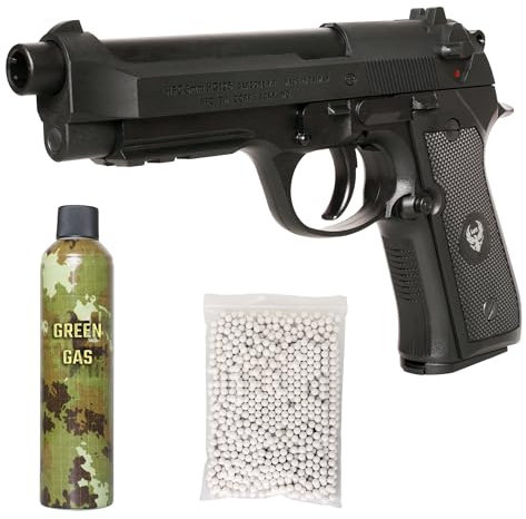Pistola Softair 92 FS Gas, Bundle Completo: Pistola a Pallini, Green Gas 400ml, 1000 Pallini 6mm, Airsoft, Pistole Softair, colore nero