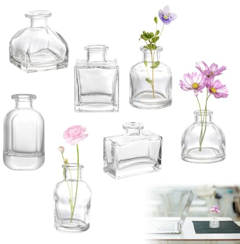 Byfoyif 7 Pcs Mini Vase Déco Table, Petit Vase en Verre avec Différentes Formes, Vases à Bourgeons à Conception Simple, Petits Vases à Fleur Transparents, pour Mariage Fête Fleurs Séchées Rose
