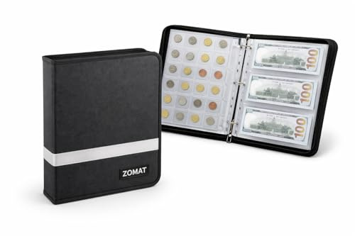 ZOMAT Fireproof Coin Album Binder with Zipper – Coin Collection Book Organizer for Collectors | Holds 300 Coins + 36 Bills | Currency & Banknote Storage Album | Splash-Proof Case