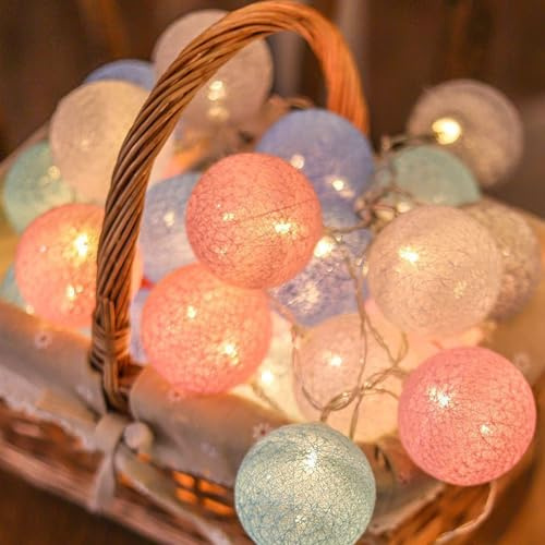 SUNOYA Guirnalda de bolas de algodón, 6 m, 40 LED, bolas de algodón, cadena de luces LED para interior con conector USB, bolas de algodón, para bodas, fiestas, decoración interior y exterior