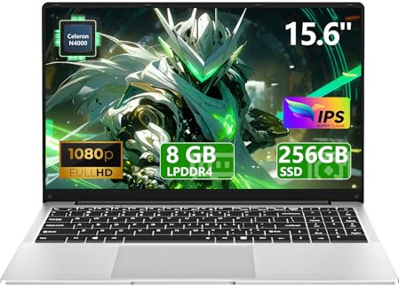 PC Portatile 15,6 Pollici, Notebook Celeron N4000, Computer Portatile 8GB LPDDR4 RAM 256GB SSD, Laptop Schermo IPS FHD 1920*1080, apertura e chiusura a 180 gradi, WiFi5, Mini HDMI,BT4.2,USB3.0,Webcam
