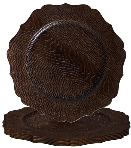 MAONAME Brown Charger Plates Set of 6, 13 Faux Wood Scallop Plate Chargers