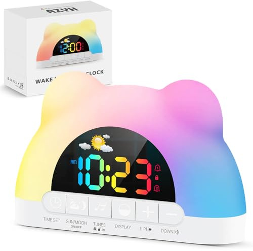 Azyh Sveglia digitale per bambini, sveglia digitale per ragazze e ragazzi, sveglia con addormentamento con 11 luci notturne RGB, apprendimento del sonno e del risveglio, rumore bianco, allarmi doppi