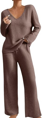 Husdräkt dam ribbad tvådelad dam stickad, loungeset vinter stickad loungewear set elegant enfärgad joggingdräkt V-ringad hemmakläder breda byxor fritid kostym med fickor fritidsoverall, BRUN, M