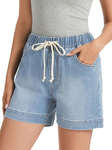 Alaster Queen Pantaloncini da donna in jeans a vita alta, con coulisse regolabile, traspiranti, in denim elasticizzato, A-azzurro, XL