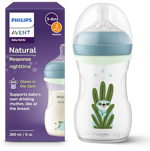 Philips Avent Natural Response Nighttime Baby Bottle - 9 oz/260 ml, with Medium Flow Teat (Flow 3), with Glow-in-the-Dark Ring Accessory, Sleepy Sloth Design, SCY903/81