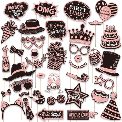 YESAH 38P Birthday Photo Booth Props,Pink Party Selfie Signs Kit | Funny Photobooth Supplies with Moustache,Hats,Crowns and Signs for Birthday,Graduation and Party Decor