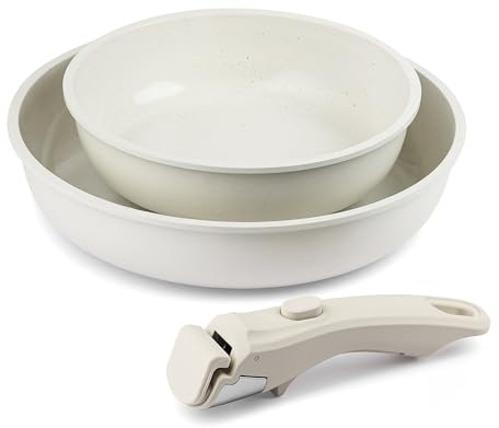 CASTEY - Easy Pan Duo, Set de Sartenes con Mango Desmontable, Aluminio, Doble Recubrimiento Antiadherente, Apto para Horno y Todas las Cocinas, Fácil Limpieza, Blanco