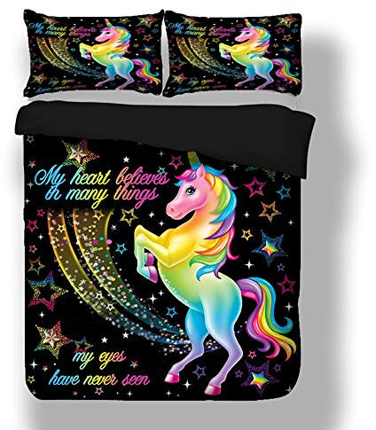 Sticker superb Elegant Bunt Einhorn Bettwäsche Set mit Kissenbezug, Mädchen Junge Schwarz Rot Blau Star Schwarz Bettbezug zum Winter Herbst Sommer (135x200cm)