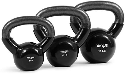 Yes4All Kettlebells 5 10 15 lbs Set Weight Vinyl Coated Cast Iron for Dumbbell Weights Exercises, Gym, Fitness, Full Body Workout Equipment Push up, Grip and Strength Training, Black
