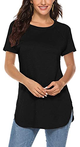 Newchoice Tunic Tops for Leggings for Women Short Sleeve Curve Hem Long Shirts (M,Black)