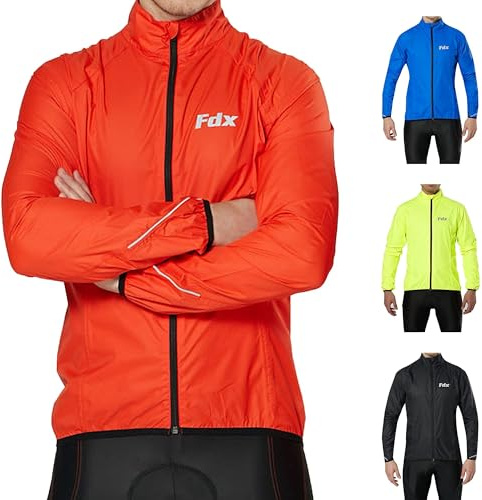 FDX Men’s Cycling Jacket - Waterproof Lightweight Breathable Cycle Rain Tops - High Visibility Full Sleeves Taped Seams Reflective Jersey - Windproof Coat for Running, Bike Racing (Red X-Large)