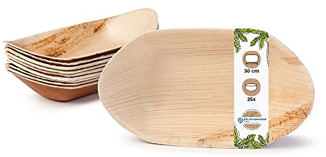 GREENBOX Palmware – Palmblad skål för fingermat I engångsporslin biologiskt nedbrytbar, komposterbar I engångsskål serveringsplattor dippskål snacksskål I 25 stycken party skepp 30 cm