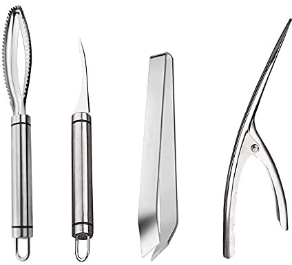LONGHAO 4 pcs,Fischentschupfer,GarnelenschäLer,Fisch Scaler Entferner Set,rutschfeste FischschuppenbüRste,Garnelenschalenmesser, MeeresfrüChte-Werkzeugset Aus Edelstahl, Geeignet FüR Fisch/Garnelen