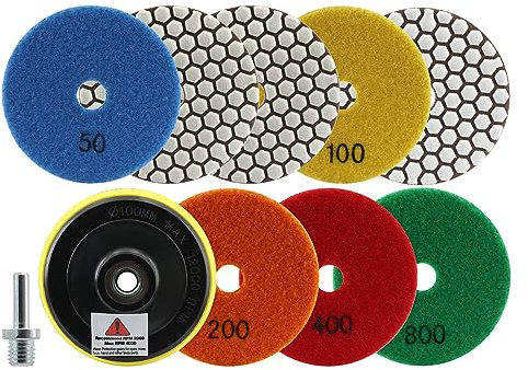 Dischi Lucidatura Diamantati LEKOMESH - 8 pezzi 100MM (#50 * 3/100 * 2/200/400/800) + M14 Gomma Backer + Adattatore, Platorelli per Lucidatura a Secco Diamantati per Granito Marmo Quarzo