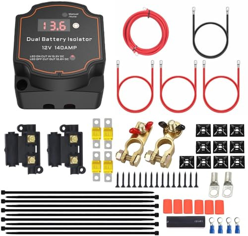 Heart Horse 3m Kit de Relais de Charge Divisé,Coupleur separateur batterie 12v 140A kit d'isolateur de batterie double avec voltmètre LED relais à la tension de batterie (VSR) pour ATV UTV RV