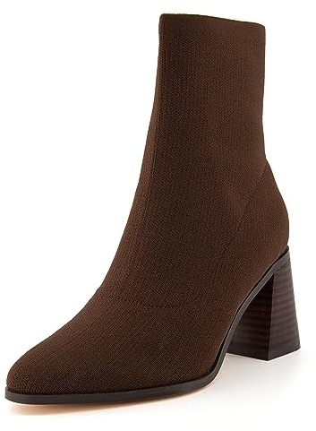 CUSHIONAIRE Sterling Womens Ankle Boots, Stretch Knit Upper, Genuine Leather Heel, Memory Foam Padding, Slip-On Design, Heeled Boots for Women, 2.75-Inch Block Heel, BROWN 11