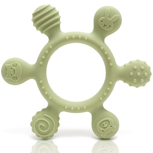CAJA Beißring Baby BPA freie Zahnungshilfe Beißspielzeug aus Silikon Greifring mit Motiven sicheres sensorisches Babyspielzeug mit strukturierten Oberflächen Geschenkidee zur Geburt Jungen Mädchen