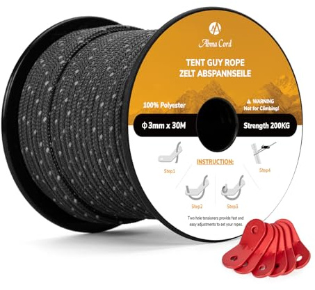 Abma Cord Tent Guy Ropes 3mm 30M Guy Line 6 Pcs Guy Rope Tensioners Heavy Duty Guide Rope for Camping, Gazebos, Awning, Tarp - Reflective Black
