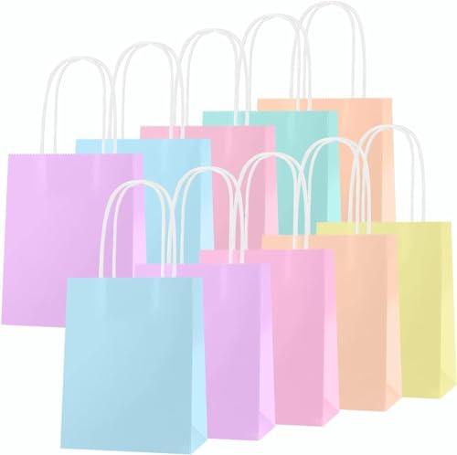 OWill Papiertüten Pastell,10 Stück Geschenktüten, Papiertüten klein mit henkel,Geschenktüten Kindergeburtstag,Partytüten aus Kraftpapier für Kindergeburtstag, Hochzeiten(15x8x21cm)