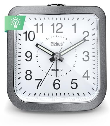 Mebus Sveglia al quarzo, silenziosa, senza ticchettio, lancette luminose, allarme con ripetizione sveglia, snooze, illuminazione quadrante a pressione pulsante, colore: grigio argento, modello: 56988