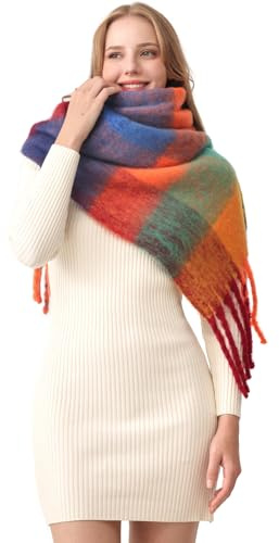 HOTIAN Écharpe pour femme - Écharpe d'hiver chaude et épaisse - Écharpe enveloppante multicolore et carrée - Écharpe d'automne à carreaux - Écharpe douce et chaude XXL, Bleu orange., taille unique