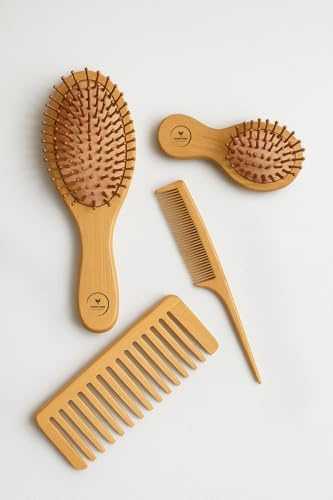 Phoenix Forge Bamboo Hairbrush and Comb Set - Natural Eco-Friendly Paddle Detangler with Scalp Massage for Women, Men, and Kids - Reduces Frizz and Promotes Healthy Hair Growth(4PCS)