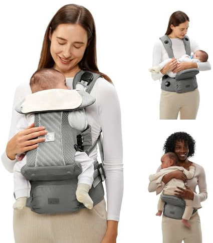 Bc Babycare Hexa Effortless Baby Carrier with Hip Seat - Ergonomic Toddler Carrier (13.2-33 lbs), Adjustable Slide Lock & Knob, Hip-Healthy Design for Parent's Back Relief, Gray