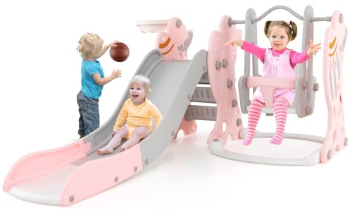 GLACER Toddler Slide and Swing Set, 4 in 1 Baby Slide w/Safety Swing, Basketball Hoop, Anti-Slip Climber, Indoor Outdoor Toddler Slide Playset Playground, L Shaped Kids Slide for Boys Girls 1+ (Pink)