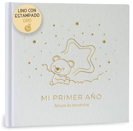 Album Fotos Bebe Mi Primer Año con Portada en Tela Lino y 75 Páginas - Libro Recuerdos Bebe con Pegatinas Ideal como Regalo Bebe Recien Nacido Niño y Niña Regalo Baby Shower - Album Bebe Primer Año